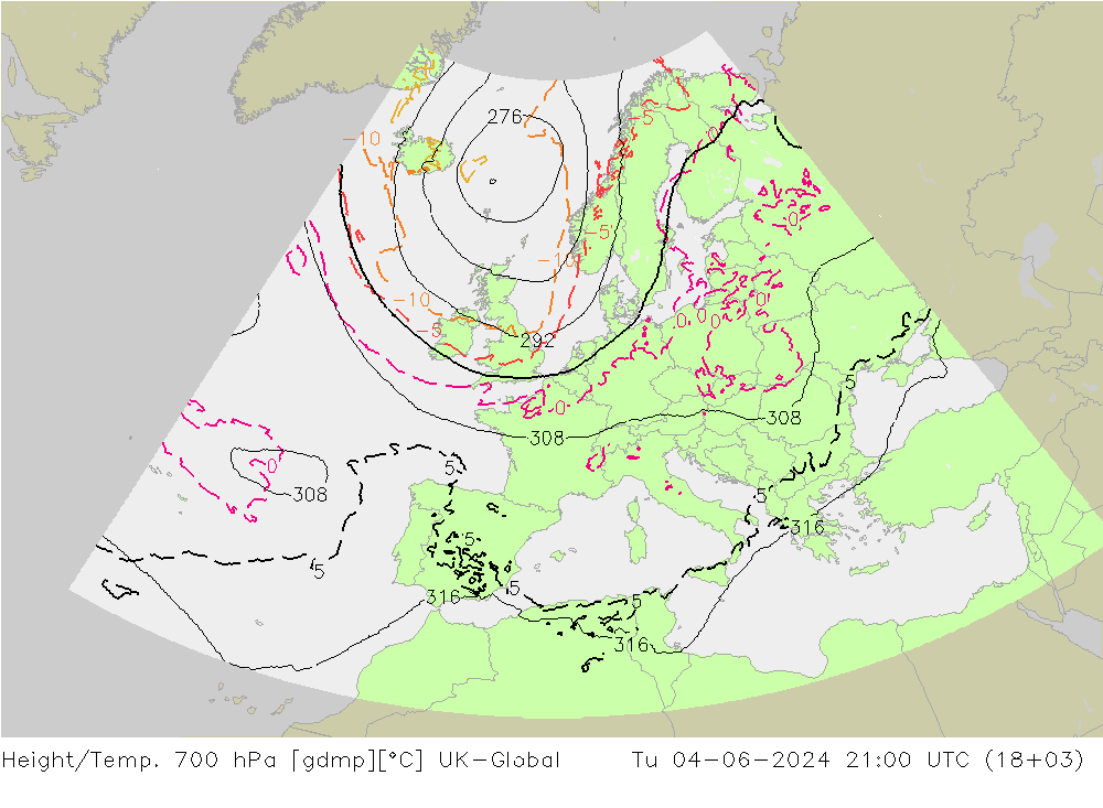 Yükseklik/Sıc. 700 hPa UK-Global Sa 04.06.2024 21 UTC