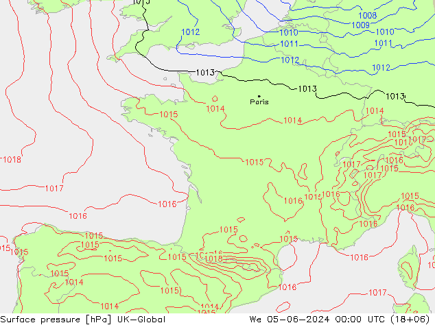 Atmosférický tlak UK-Global St 05.06.2024 00 UTC