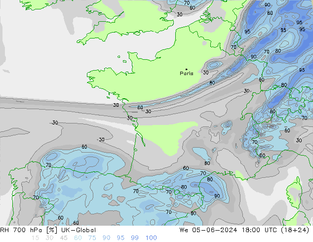 RH 700 hPa UK-Global We 05.06.2024 18 UTC