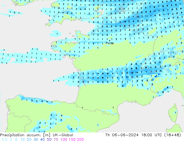 Precipitation accum. UK-Global чт 06.06.2024 18 UTC