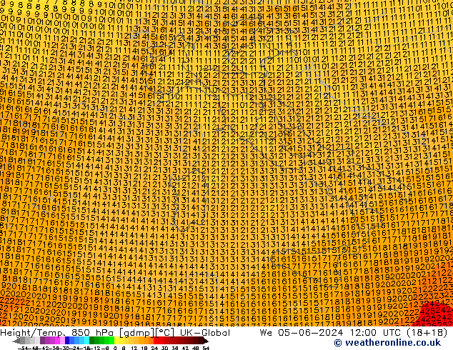 Height/Temp. 850 гПа UK-Global ср 05.06.2024 12 UTC