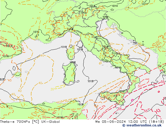 Theta-e 700hPa UK-Global mer 05.06.2024 12 UTC