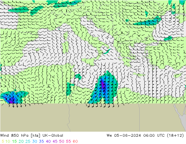 Rüzgar 850 hPa UK-Global Çar 05.06.2024 06 UTC