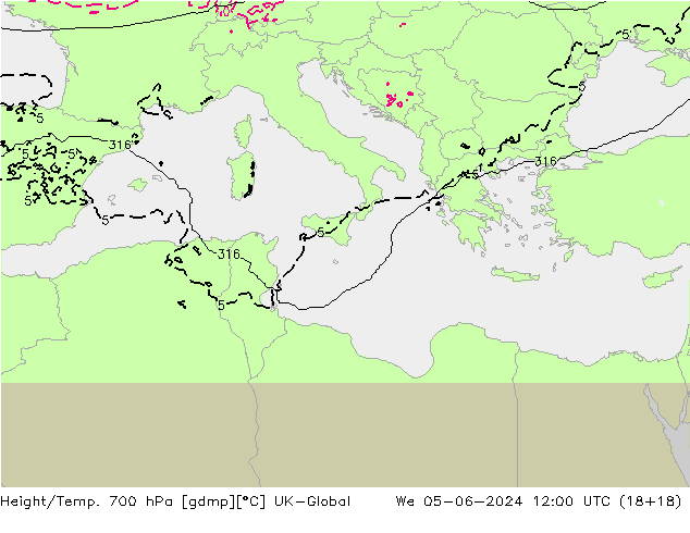 Height/Temp. 700 hPa UK-Global St 05.06.2024 12 UTC