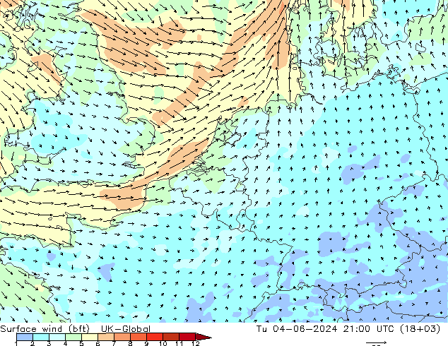 Surface wind (bft) UK-Global Tu 04.06.2024 21 UTC