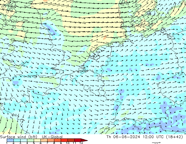 Bodenwind (bft) UK-Global Do 06.06.2024 12 UTC