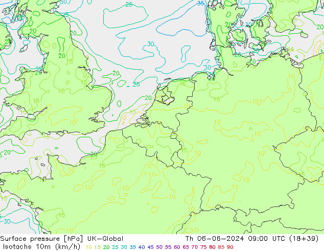 Isotachs (kph) UK-Global чт 06.06.2024 09 UTC