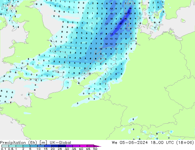 Precipitazione (6h) UK-Global mer 05.06.2024 00 UTC