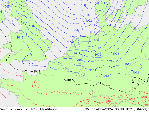 Pressione al suolo UK-Global mer 05.06.2024 00 UTC