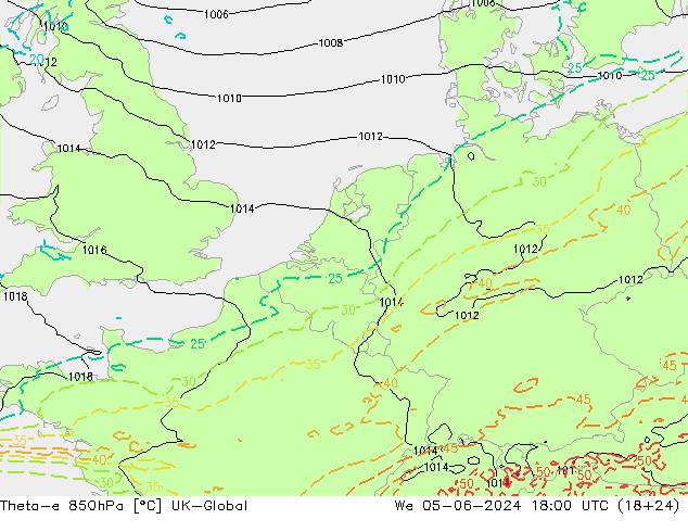 Theta-e 850hPa UK-Global mié 05.06.2024 18 UTC