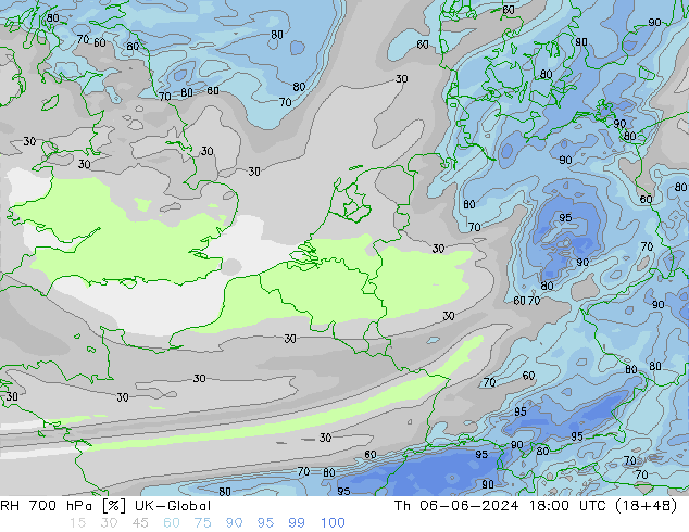 RH 700 hPa UK-Global Th 06.06.2024 18 UTC