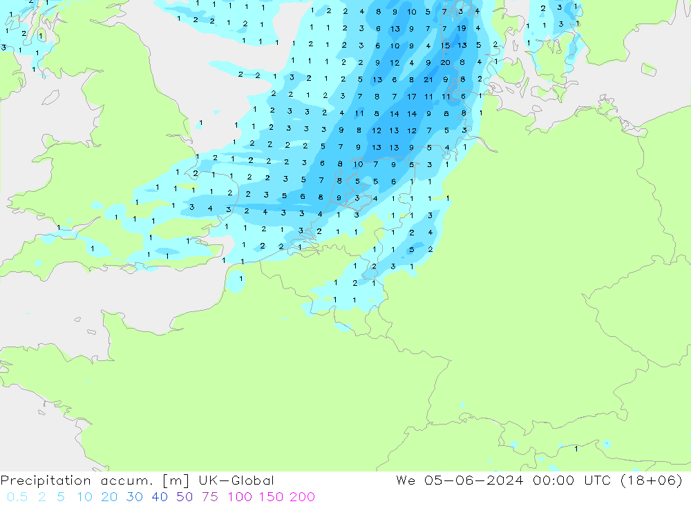 Precipitation accum. UK-Global 星期三 05.06.2024 00 UTC