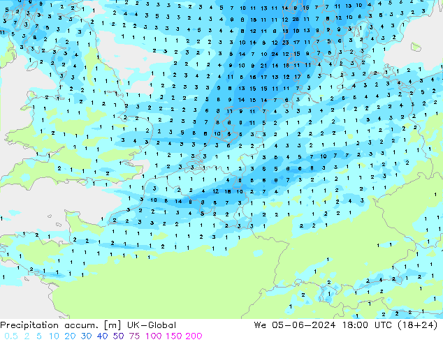 Precipitation accum. UK-Global 星期三 05.06.2024 18 UTC