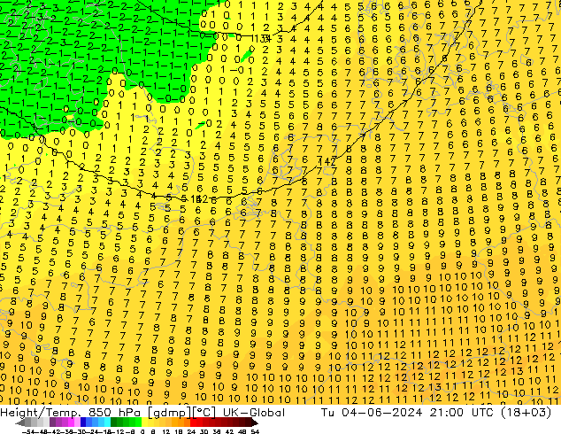 Height/Temp. 850 hPa UK-Global Út 04.06.2024 21 UTC