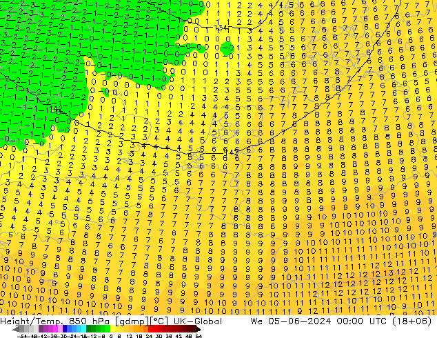 Height/Temp. 850 hPa UK-Global 星期三 05.06.2024 00 UTC