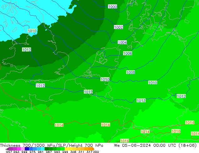 Schichtdicke 700-1000 hPa UK-Global Mi 05.06.2024 00 UTC