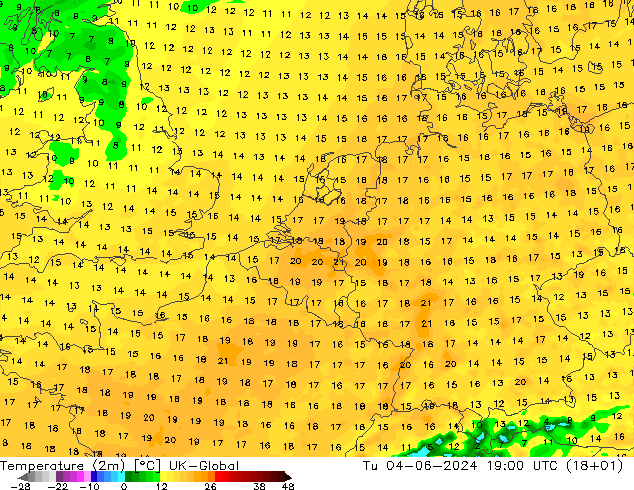 mapa temperatury (2m) UK-Global wto. 04.06.2024 19 UTC