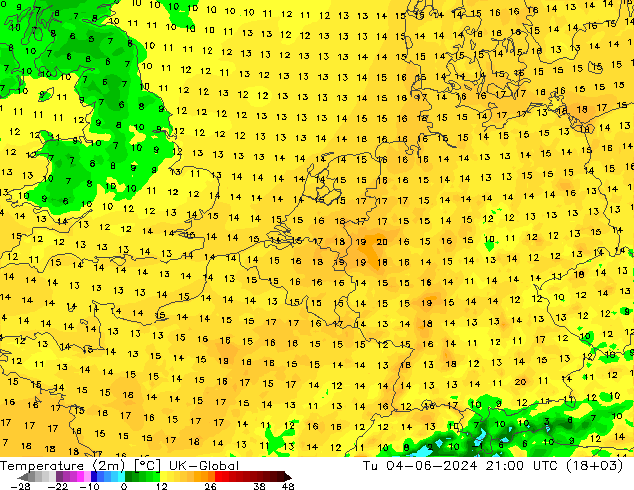 mapa temperatury (2m) UK-Global wto. 04.06.2024 21 UTC
