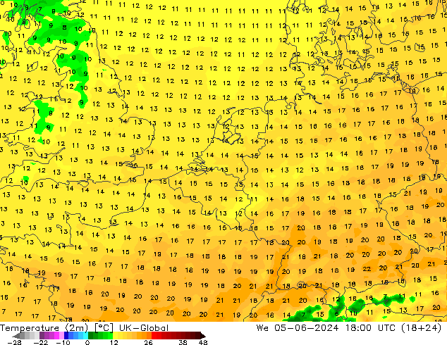 Temperatuurkaart (2m) UK-Global wo 05.06.2024 18 UTC