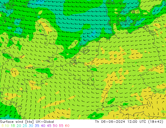 Surface wind UK-Global Čt 06.06.2024 12 UTC