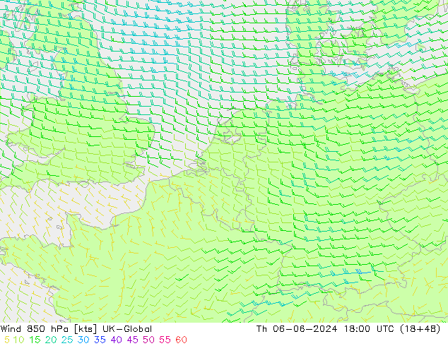 Wind 850 hPa UK-Global Th 06.06.2024 18 UTC