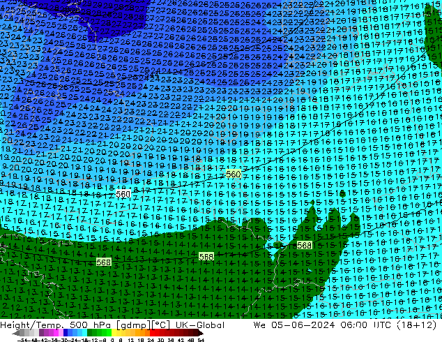 Height/Temp. 500 hPa UK-Global mer 05.06.2024 06 UTC