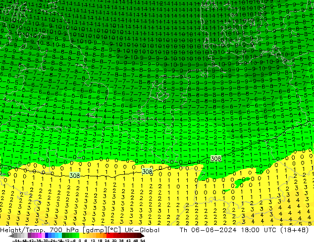 Height/Temp. 700 hPa UK-Global Th 06.06.2024 18 UTC