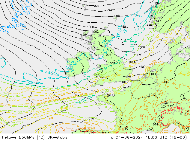 Theta-e 850hPa UK-Global mar 04.06.2024 18 UTC