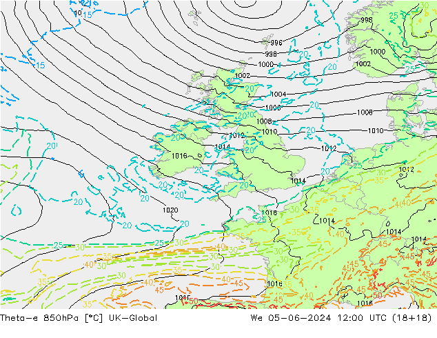 Theta-e 850hPa UK-Global Çar 05.06.2024 12 UTC