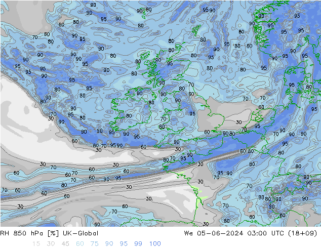 Humedad rel. 850hPa UK-Global mié 05.06.2024 03 UTC
