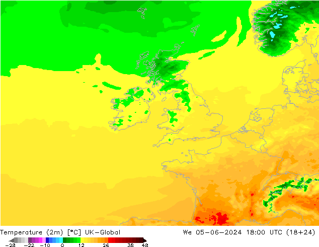 Temperatura (2m) UK-Global Qua 05.06.2024 18 UTC