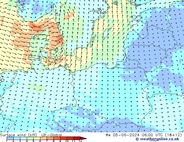 Rüzgar 10 m (bft) UK-Global Çar 05.06.2024 06 UTC