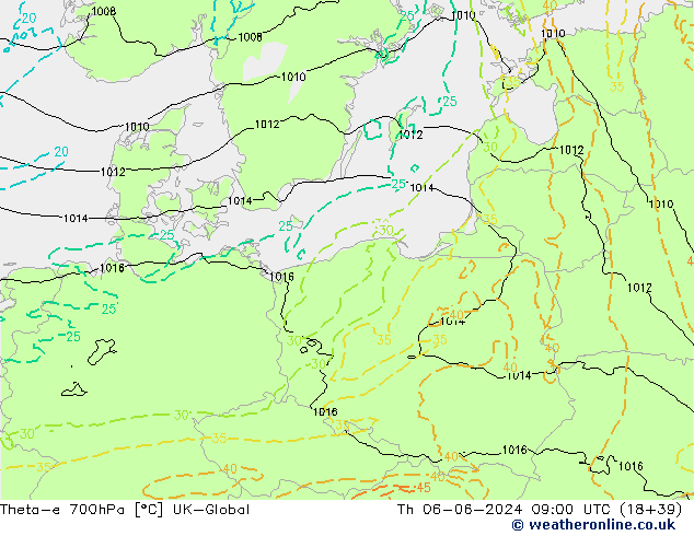 Theta-e 700гПа UK-Global чт 06.06.2024 09 UTC