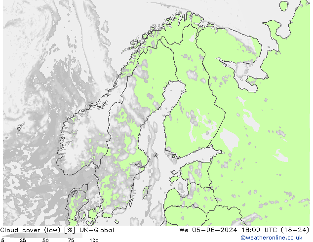 Cloud cover (low) UK-Global We 05.06.2024 18 UTC