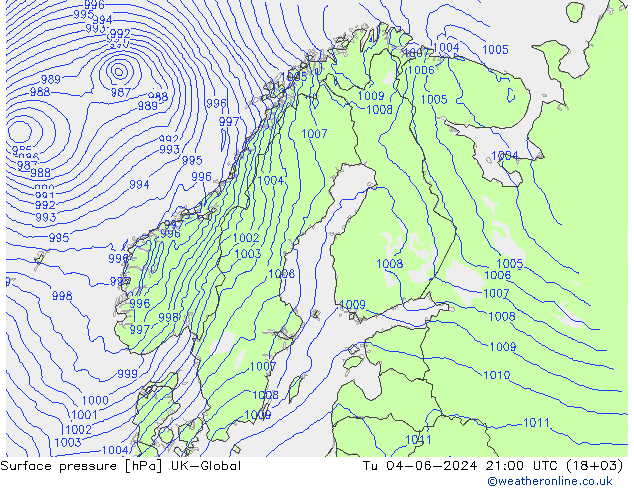 地面气压 UK-Global 星期二 04.06.2024 21 UTC