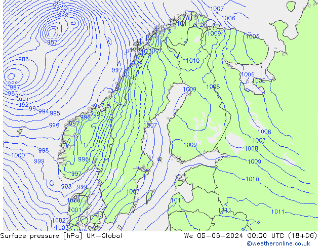 Atmosférický tlak UK-Global St 05.06.2024 00 UTC