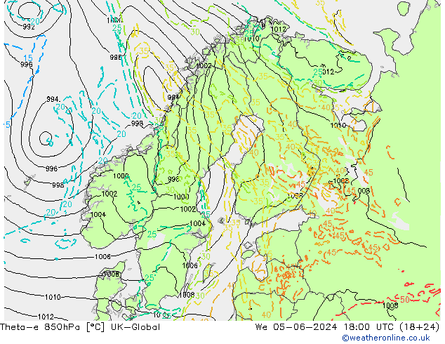 Theta-e 850hPa UK-Global We 05.06.2024 18 UTC
