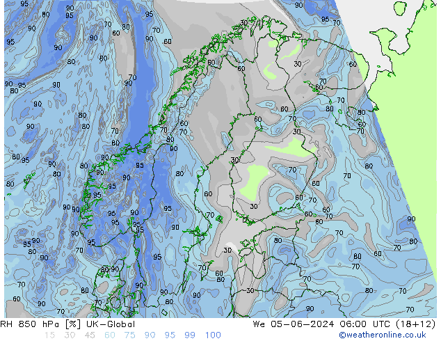 RH 850 hPa UK-Global Mi 05.06.2024 06 UTC