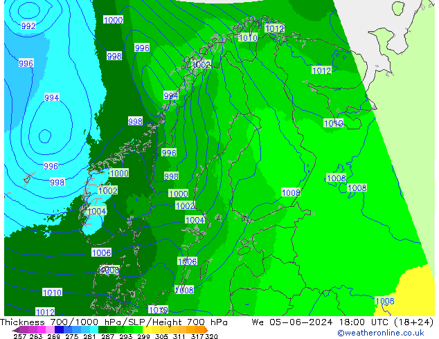 Schichtdicke 700-1000 hPa UK-Global Mi 05.06.2024 18 UTC