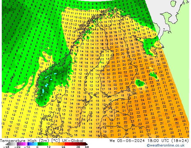 Höchstwerte (2m) UK-Global Mi 05.06.2024 18 UTC