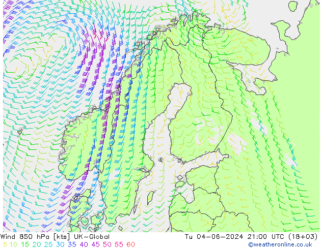 Wind 850 hPa UK-Global Di 04.06.2024 21 UTC