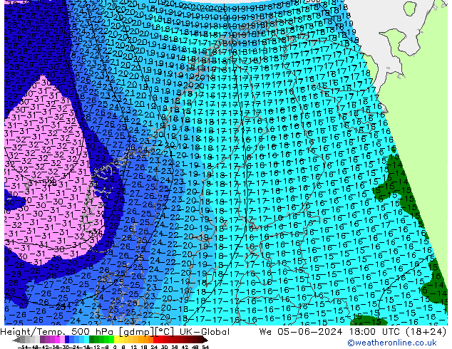 Height/Temp. 500 hPa UK-Global Mi 05.06.2024 18 UTC