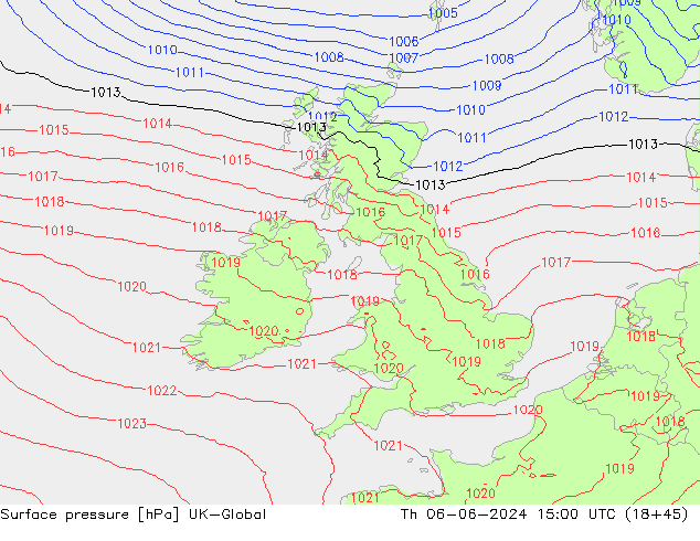 Pressione al suolo UK-Global gio 06.06.2024 15 UTC