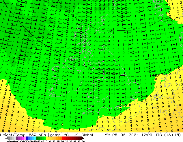 Height/Temp. 850 hPa UK-Global We 05.06.2024 12 UTC