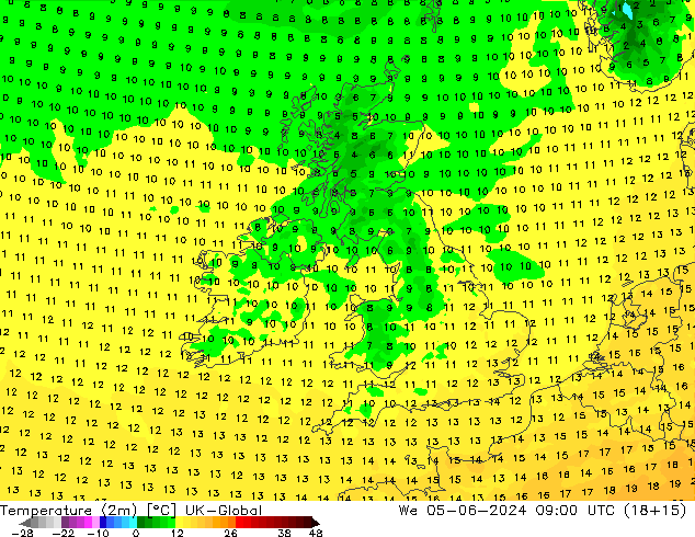 Sıcaklık Haritası (2m) UK-Global Çar 05.06.2024 09 UTC