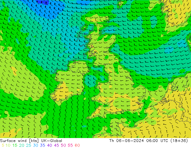 Viento 10 m UK-Global jue 06.06.2024 06 UTC