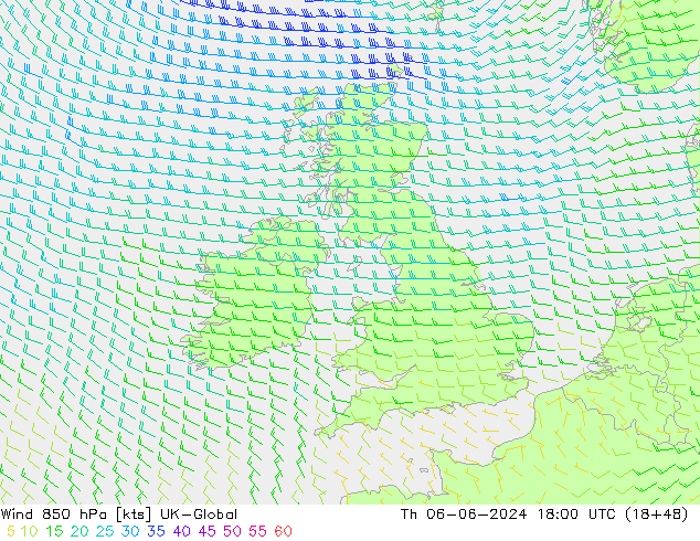 Wind 850 hPa UK-Global Čt 06.06.2024 18 UTC