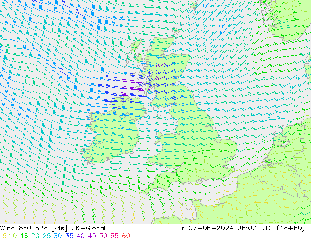 Wind 850 hPa UK-Global Fr 07.06.2024 06 UTC