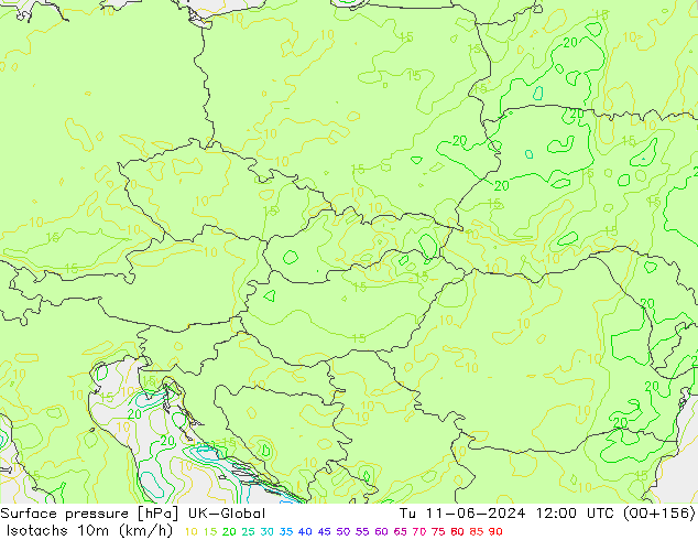 Isotachs (kph) UK-Global Tu 11.06.2024 12 UTC