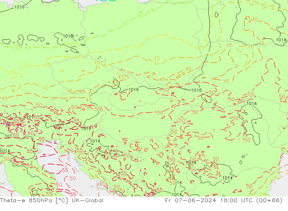 Theta-e 850hPa UK-Global ven 07.06.2024 18 UTC